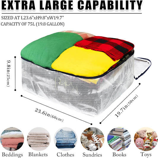 Clear Storage Bags with Zipper, 75L Extra Large Capacity - Closet, Underbed Storage Organizer for Clothes, Bedding, Comforter, Toys, Pillow & Blanket, 3 Pack