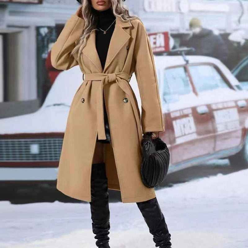 Women's Winter Trench Coat – Long Solid Color Belted Jacket with Lapel Collar