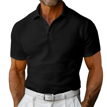 Men’s Waffle Knit Polo Shirt – Short Sleeve Summer Lapel Top