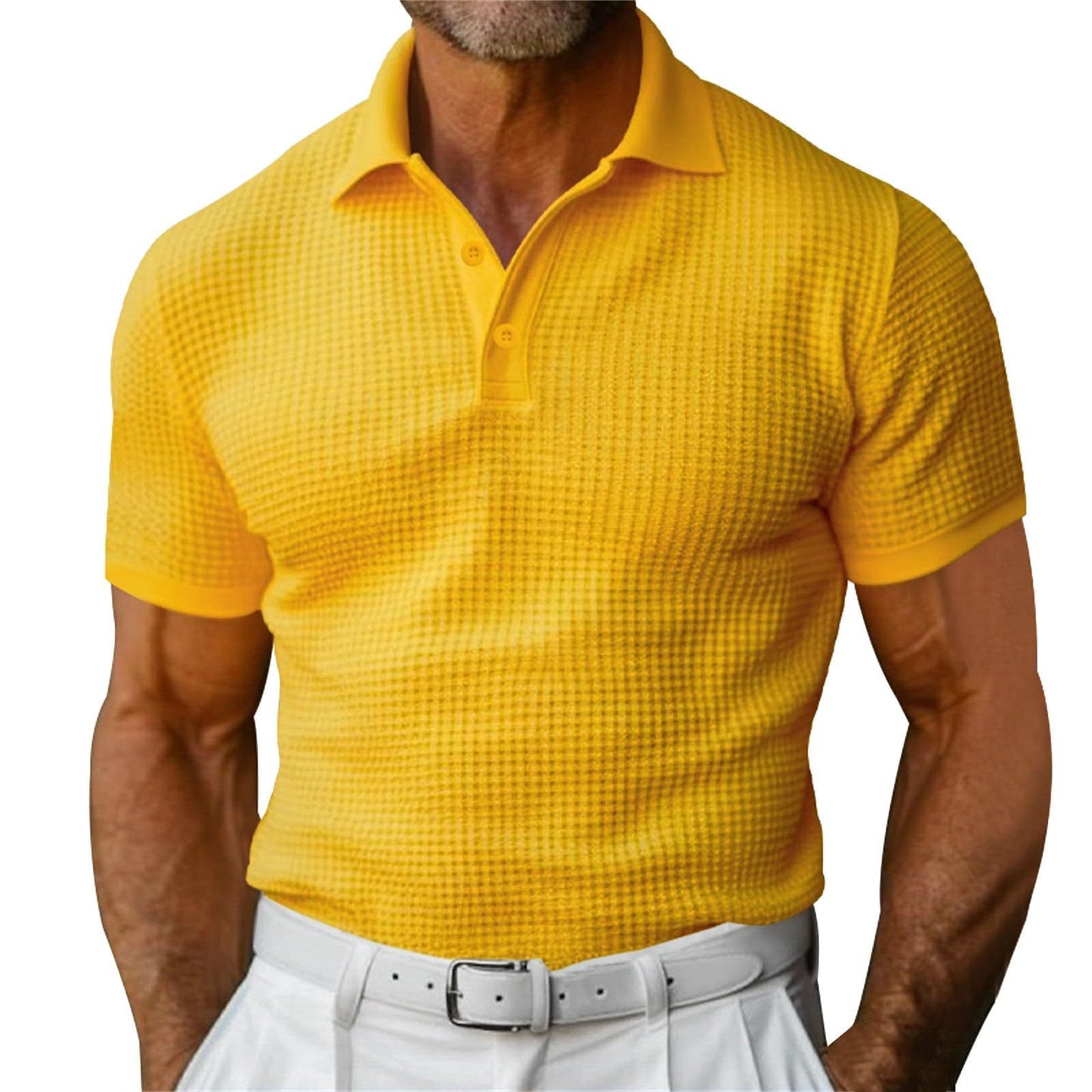 Men’s Waffle Knit Polo Shirt – Short Sleeve Summer Lapel Top