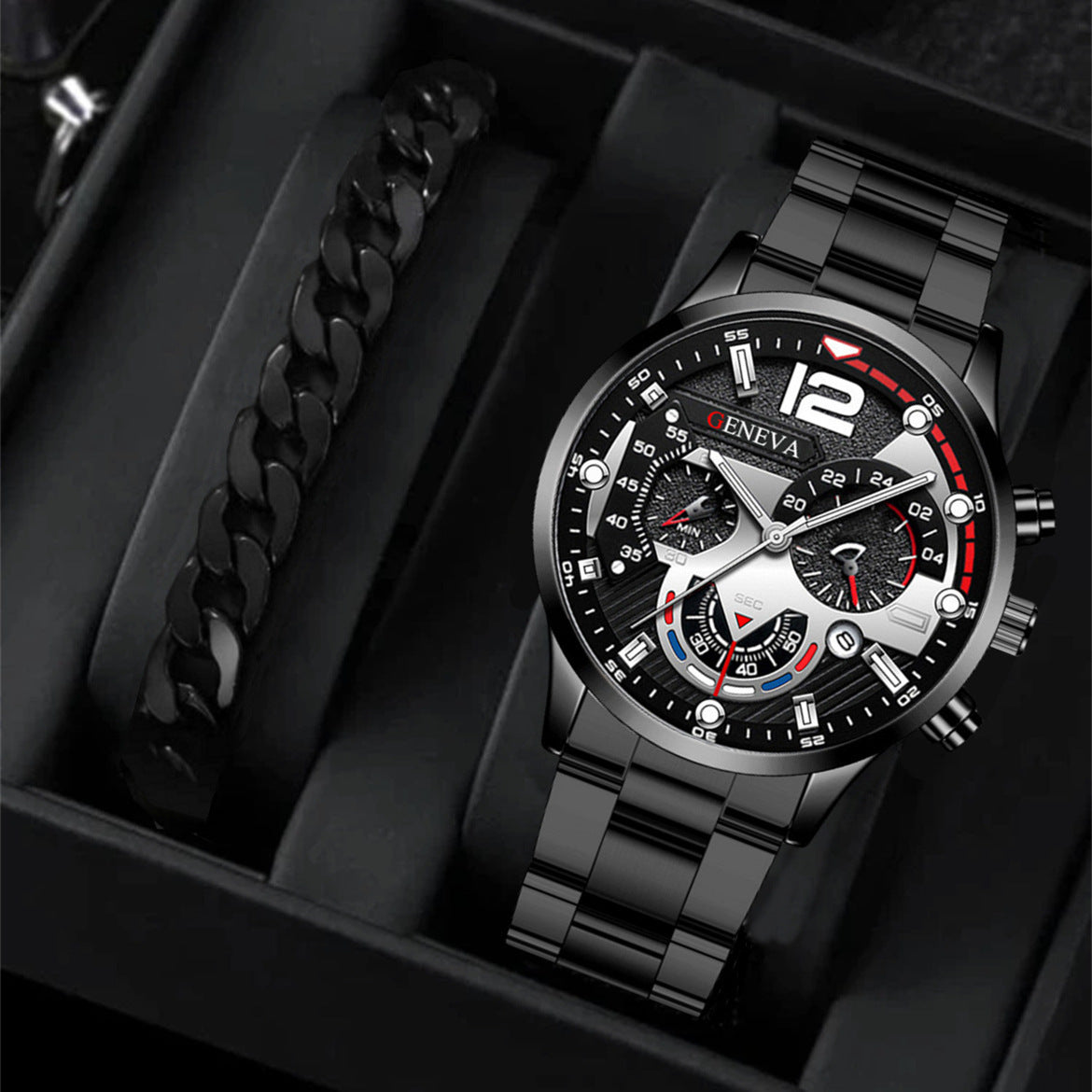 Men's 2-Piece Quartz Watch & Bracelet Set – Fashion Steel Strap Business Watch with Three-Eye Dial
