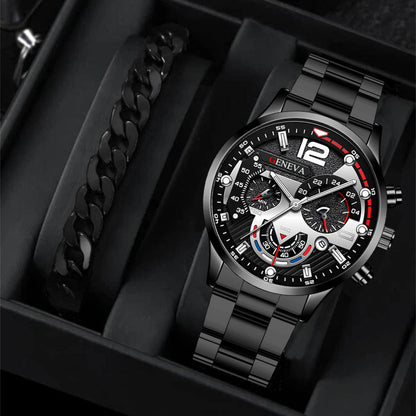 Men's 2-Piece Quartz Watch & Bracelet Set – Fashion Steel Strap Business Watch with Three-Eye Dial