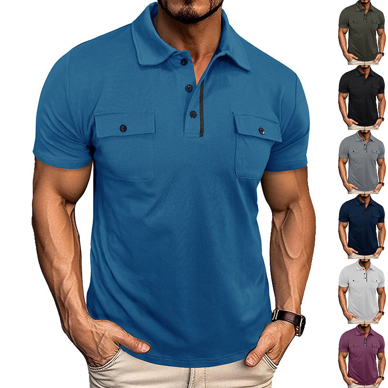 Men’s Summer Polo Shirt – Short Sleeve Button-Up with Lapel Collar & Pockets, Outdoor Casual Top