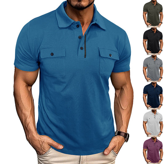 Men’s Summer Polo Shirt – Short Sleeve Button-Up with Lapel Collar & Pockets, Outdoor Casual Top