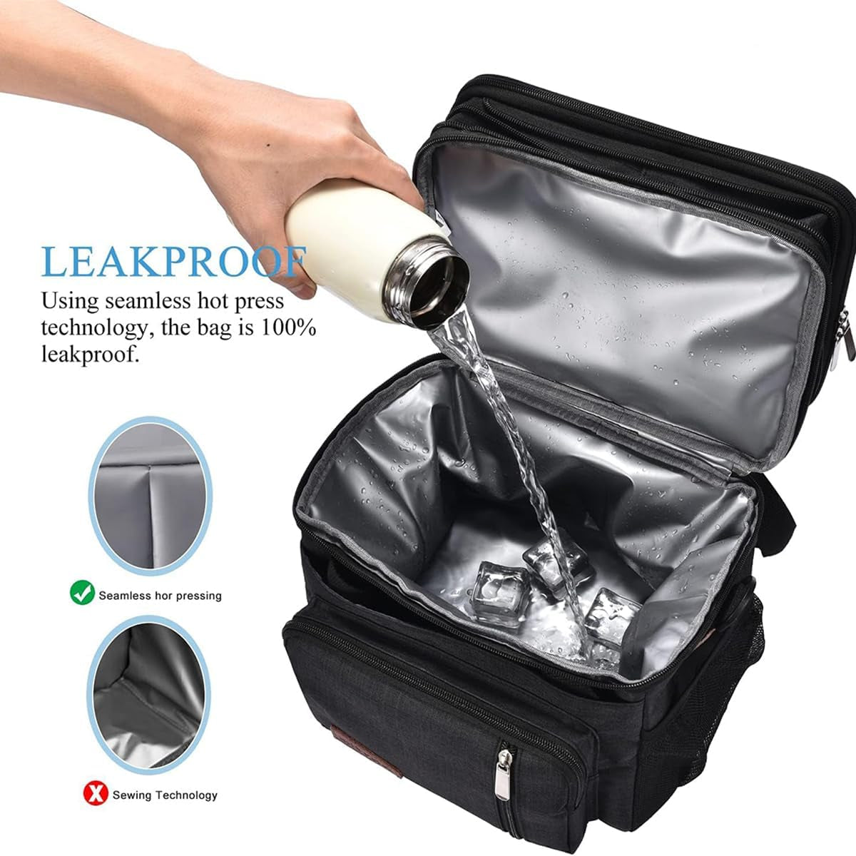 Lunch Bag for Women Men Double Deck Lunch Box - Leakproof Insulated Soft Large Lunch Cooler Bag,  (Black,15L)