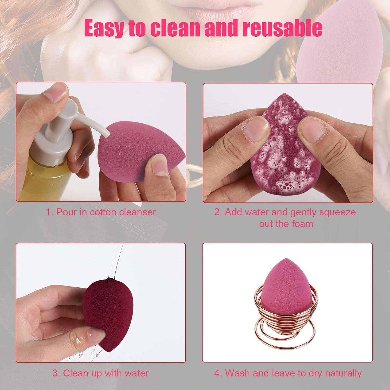4 Pcs Makeup Sponges Blender Set - Makeup Sponges for Foundation Blender with Egg Case and 1 Holder, Flawless for Cream, Powder and Liquid (4Pcs,Pink)