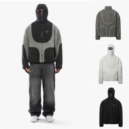 Men's Hooded Lamb Wool Zipper Coat – Casual Patchwork Fleece Sweatshirt Jacket