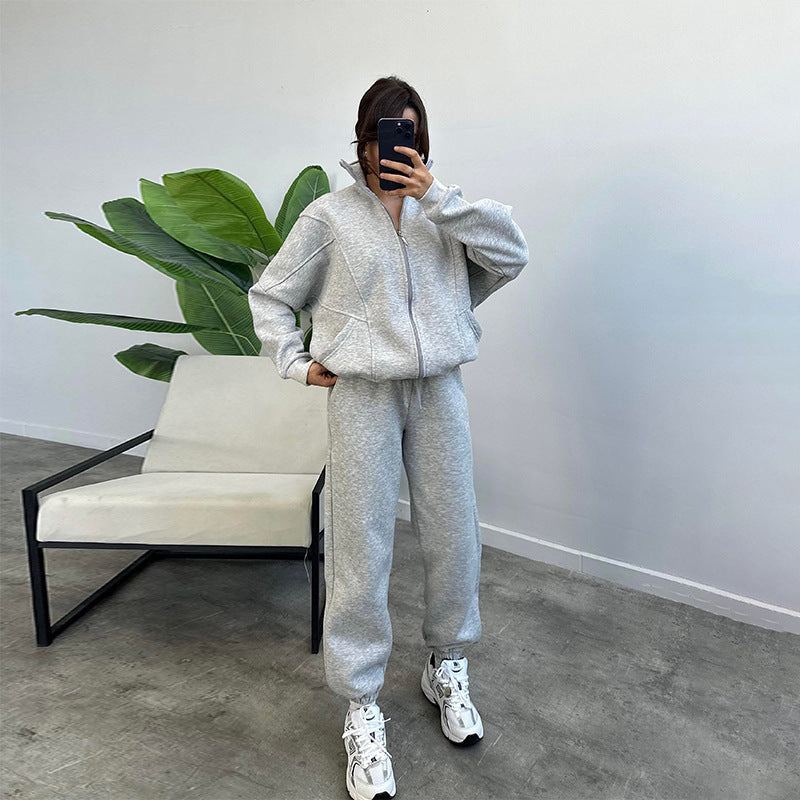 Women's Jogger Tracksuit Set – Zipper Stand Collar Cardigan & Drawstring Pants with Pockets