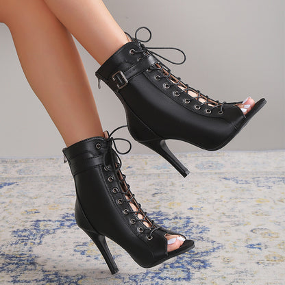 Women’s Peep Toe High Heel Sandals – Lace-Up Buckle Pumps with Back Zipper Design