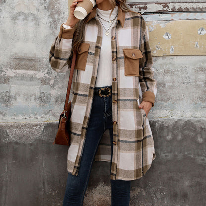Women's Brushed Plaid Long Winter Coat – Stylish Warm Jacket with Pockets