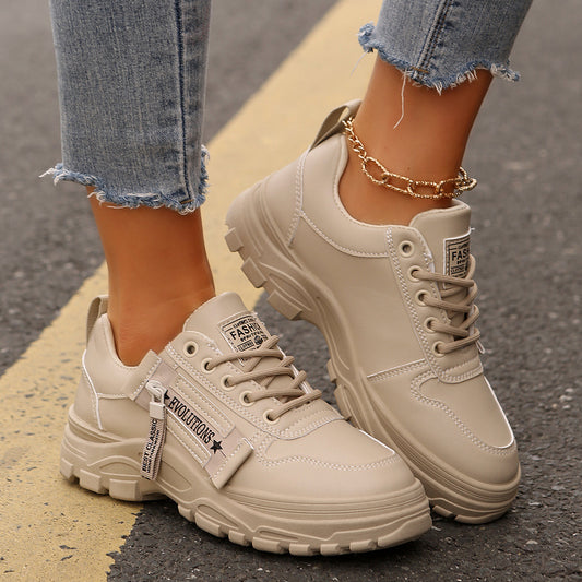 Women's Lace-Up Sports Sneakers – Thick-Soled Round Toe Shoes with Side-Zipper Design