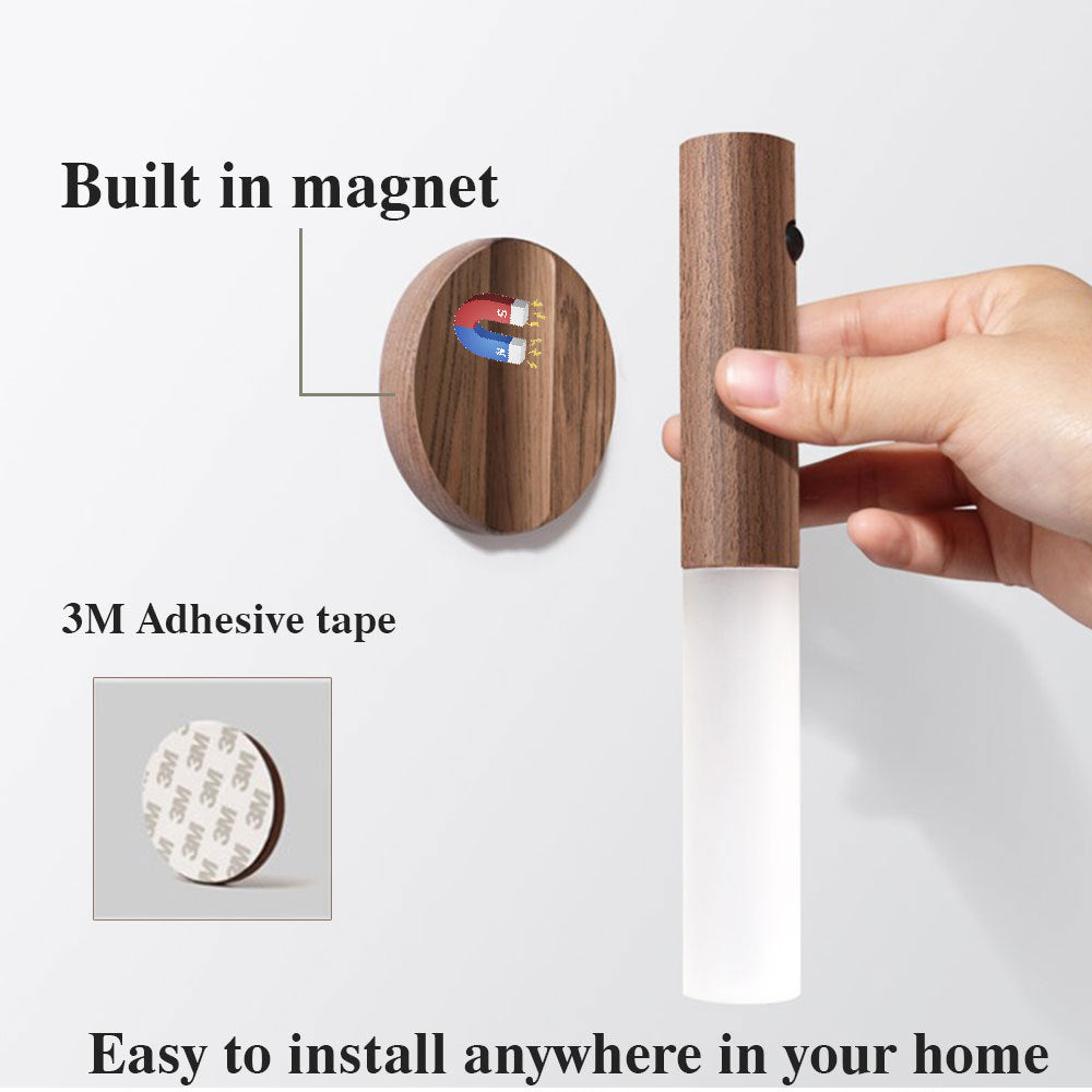 Magnetic Wireless LED Night Light – USB Rechargeable Wooden PIR Motion Sensor Lamp for Hallways, Cabinets & Porches