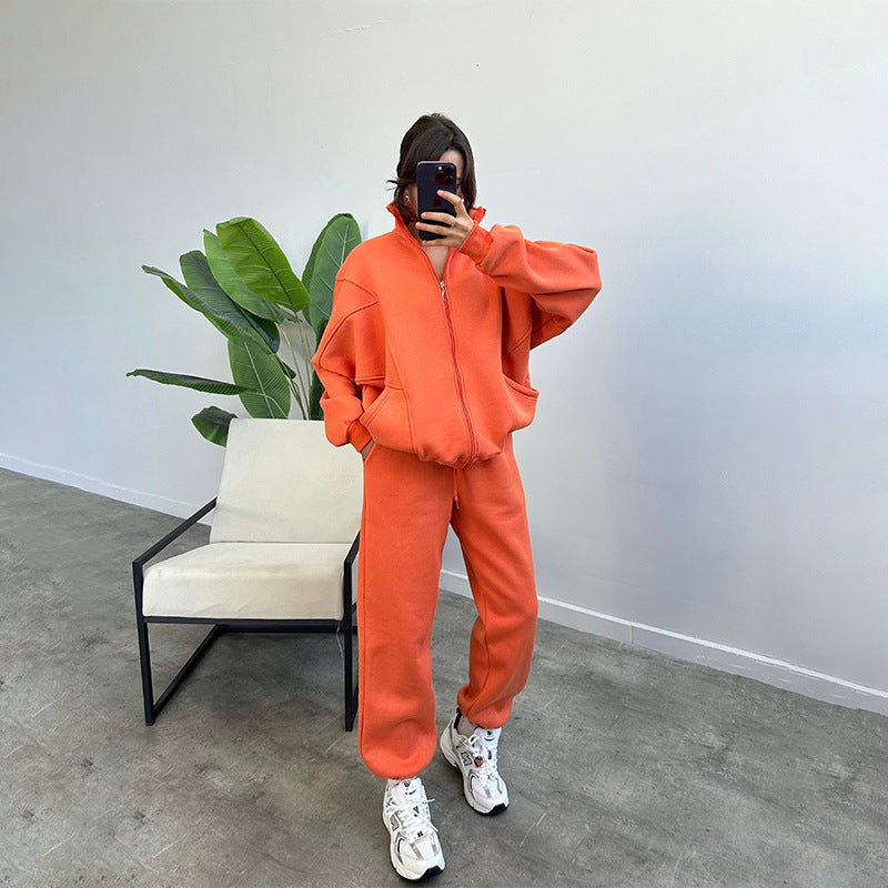 Women's Jogger Tracksuit Set – Zipper Stand Collar Cardigan & Drawstring Pants with Pockets