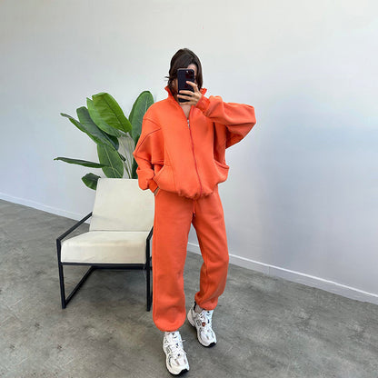 Women's Jogger Tracksuit Set – Zipper Stand Collar Cardigan & Drawstring Pants with Pockets