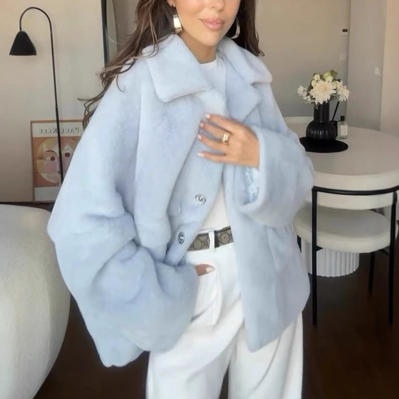 Women's Plush Fleece Winter Jacket – Loose Lapel Short Coat