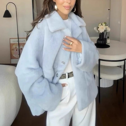 Women's Plush Fleece Winter Jacket – Loose Lapel Short Coat
