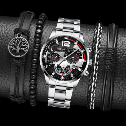 Men's 2-Piece Quartz Watch & Bracelet Set – Fashion Steel Strap Business Watch with Three-Eye Dial
