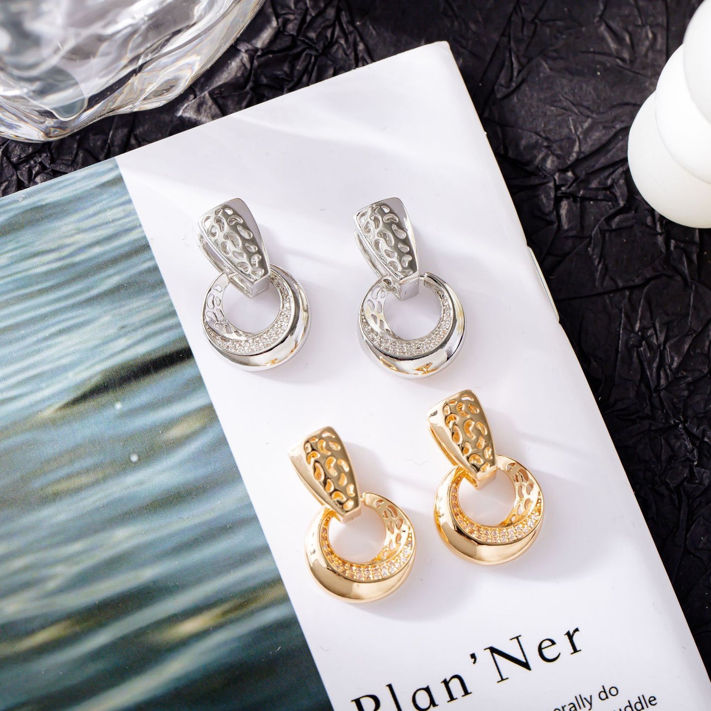 Luxury Rose Gold & Silver Drop Earrings – Hollow Moon Round Design with Natural Zircon for Bridal & Daily Wear