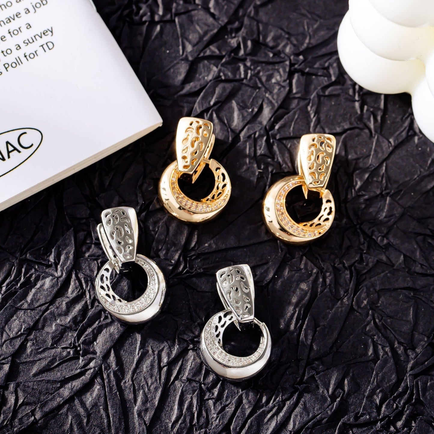 Luxury Rose Gold & Silver Drop Earrings – Hollow Moon Round Design with Natural Zircon for Bridal & Daily Wear