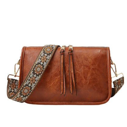 Women's Bohemian Crossbody Tote – Retro Solid Color Bag with Wide Shoulder Strap