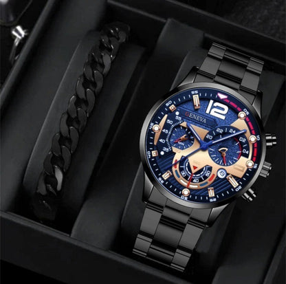 Men's 2-Piece Quartz Watch & Bracelet Set – Fashion Steel Strap Business Watch with Three-Eye Dial