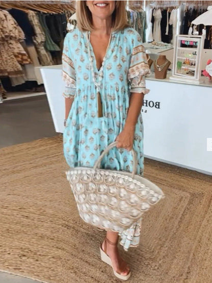 Women’s Bohemian Print Maxi Dress – Summer V-Neck Ruffle Long Dress with Lantern Sleeves