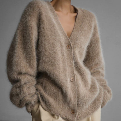 Women’s V-Neck Button Cardigan – Loose Knit Fall/Winter Sweater Top