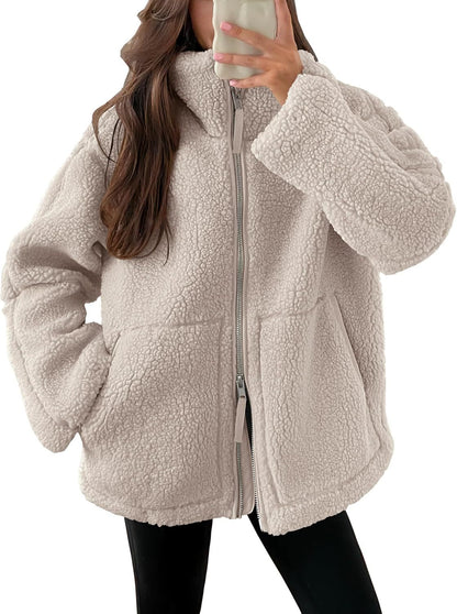 Women's Winter Lapel Zip-Up Fleece Jacket – Casual Solid Coat with Pockets, Long Sleeves