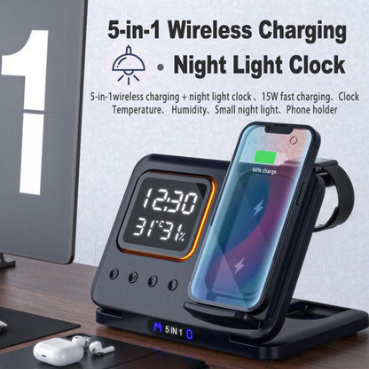 5-in-1 Wireless Charging Station – 15W Fast Charger Stand with LED Digital Alarm Clock