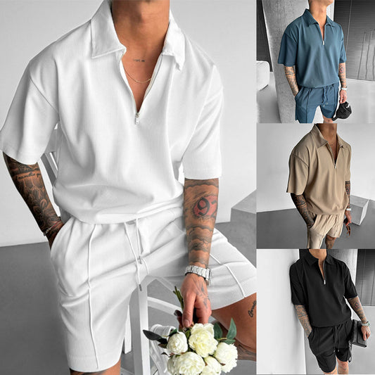 Men's Summer 2-Piece Set – Zipper Polo Shirt & Drawstring Shorts Casual Outfit