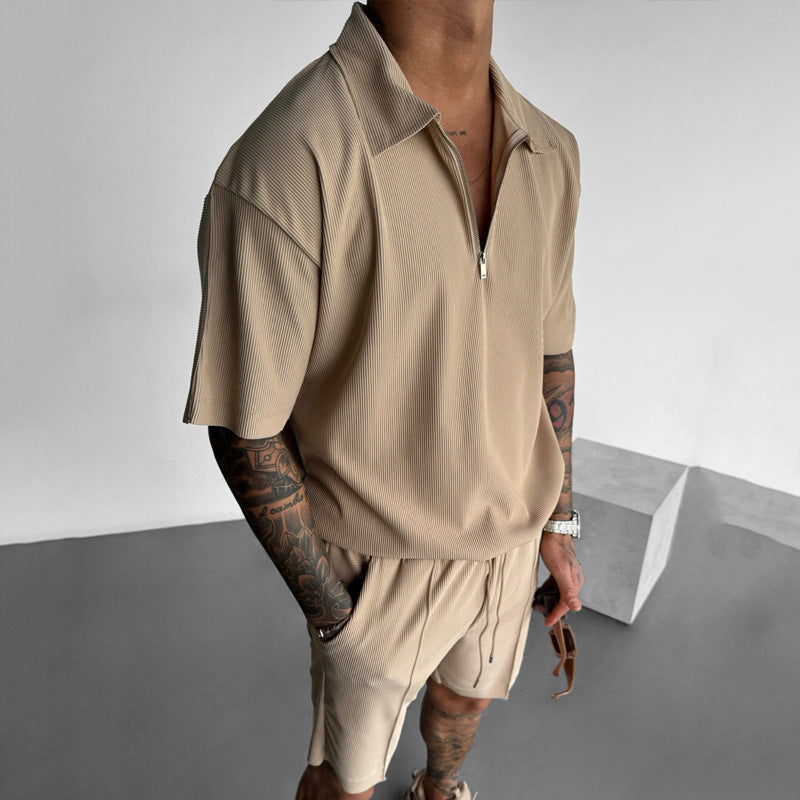Men's Summer 2-Piece Set – Zipper Polo Shirt & Drawstring Shorts Casual Outfit