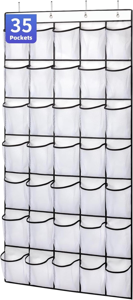 35 Pockets over the Door Shoe Organizer, Hanging Shoe Organizer for Door Large Capacity Shoe Storage Bag with 4 Metal Hooks (White-1Pack)