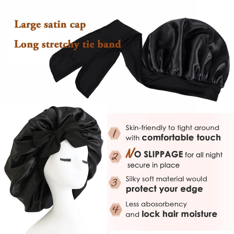 Silk Satin Sleep Bonnet for Women – Night Hair Cap with Tie Band for Curly & Natural Hair