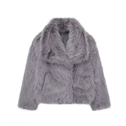 Women's Winter Plush Coat – Thick Lapel Casual Outerwear with Long Sleeves