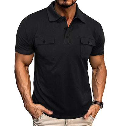Men’s Summer Polo Shirt – Short Sleeve Button-Up with Lapel Collar & Pockets, Outdoor Casual Top