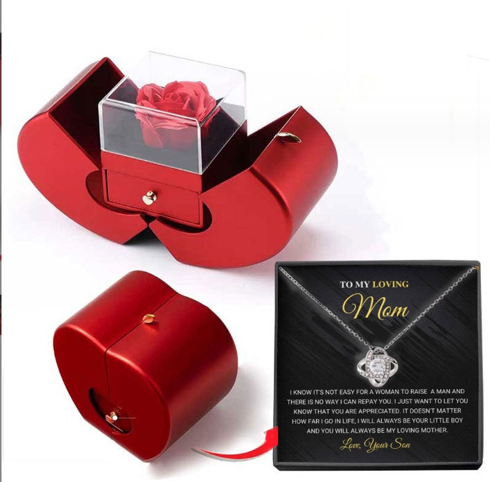 Eternal Rose Jewelry Box – Red Apple Gift Box with Artificial Rose Flower & Necklace for Girls