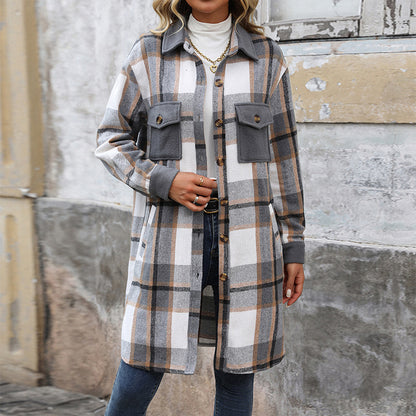 Women's Brushed Plaid Long Winter Coat – Stylish Warm Jacket with Pockets