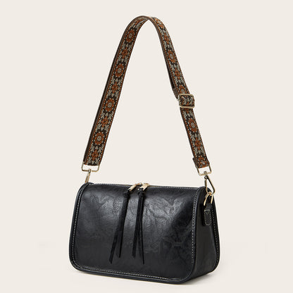 Women's Bohemian Crossbody Tote – Retro Solid Color Bag with Wide Shoulder Strap