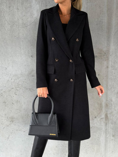 Women's Long Double-Breasted Winter Coat – Slim Fit Lapel Jacket with Long Sleeves