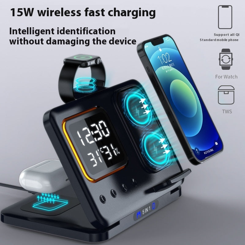 5-in-1 Wireless Charging Station – 15W Fast Charger Stand with LED Digital Alarm Clock