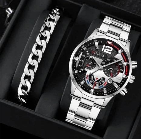 Men's 2-Piece Quartz Watch & Bracelet Set – Fashion Steel Strap Business Watch with Three-Eye Dial
