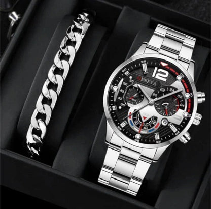 Men's 2-Piece Quartz Watch & Bracelet Set – Fashion Steel Strap Business Watch with Three-Eye Dial