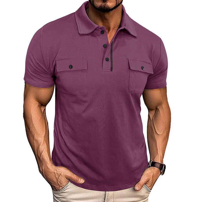 Men’s Summer Polo Shirt – Short Sleeve Button-Up with Lapel Collar & Pockets, Outdoor Casual Top