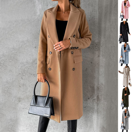 Women's Long Double-Breasted Winter Coat – Slim Fit Lapel Jacket with Long Sleeves