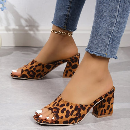 Women’s Leopard Print Square Toe Sandals – Chunky High-Heeled Summer Slippers