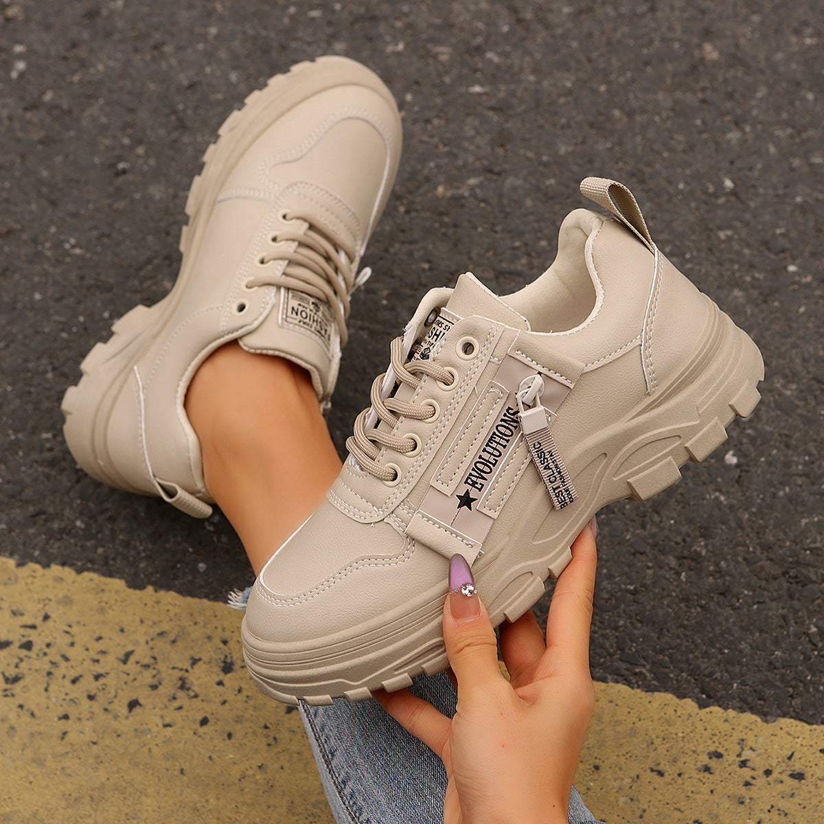 Women's Lace-Up Sports Sneakers – Thick-Soled Round Toe Shoes with Side-Zipper Design