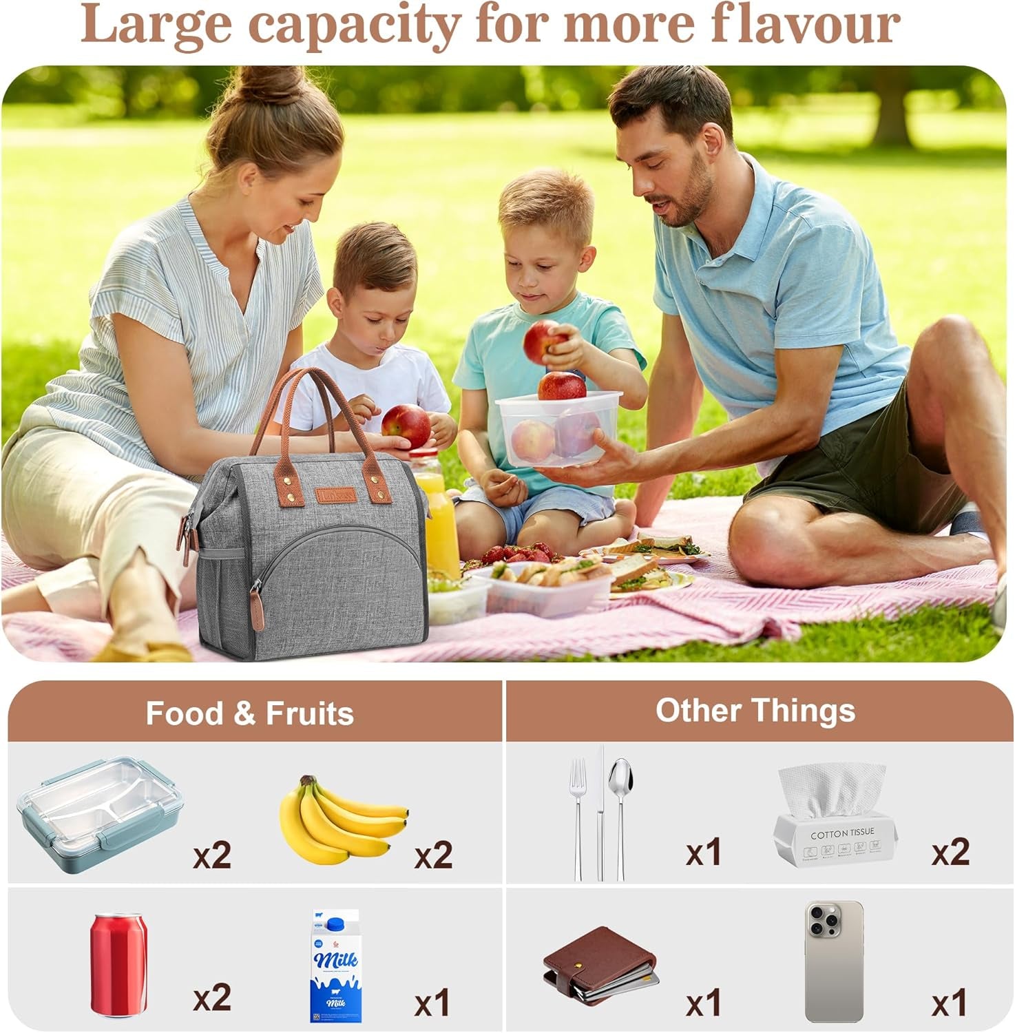 Lunch Bag Women Insulated Lunch Box Wide-Open Lunch Tote Bag Large Drinks Holder Durable Nylon Thermal Snacks Organizer for Men Adults Work Picnic Hiking Beach Fishing,Grey