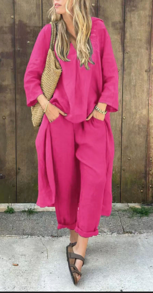 2-Piece Women’s V-Neck Suit Set – Long Sleeve Top & High-Waisted Wide Leg Pants with Pockets