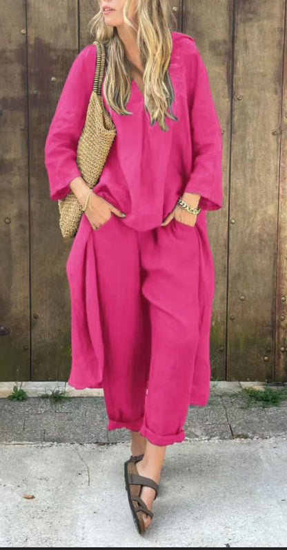 2-Piece Women’s V-Neck Suit Set – Long Sleeve Top & High-Waisted Wide Leg Pants with Pockets