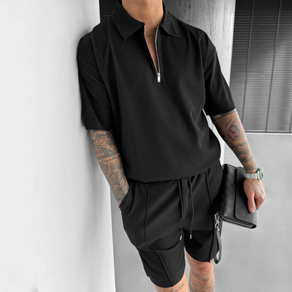 Men's Summer 2-Piece Set – Zipper Polo Shirt & Drawstring Shorts Casual Outfit